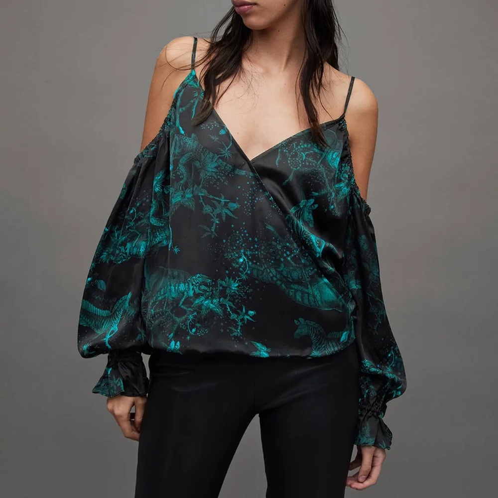 All Saints Green Poppy Cosmic Top NWT Sz 12 Botanical Jungle Floral Print